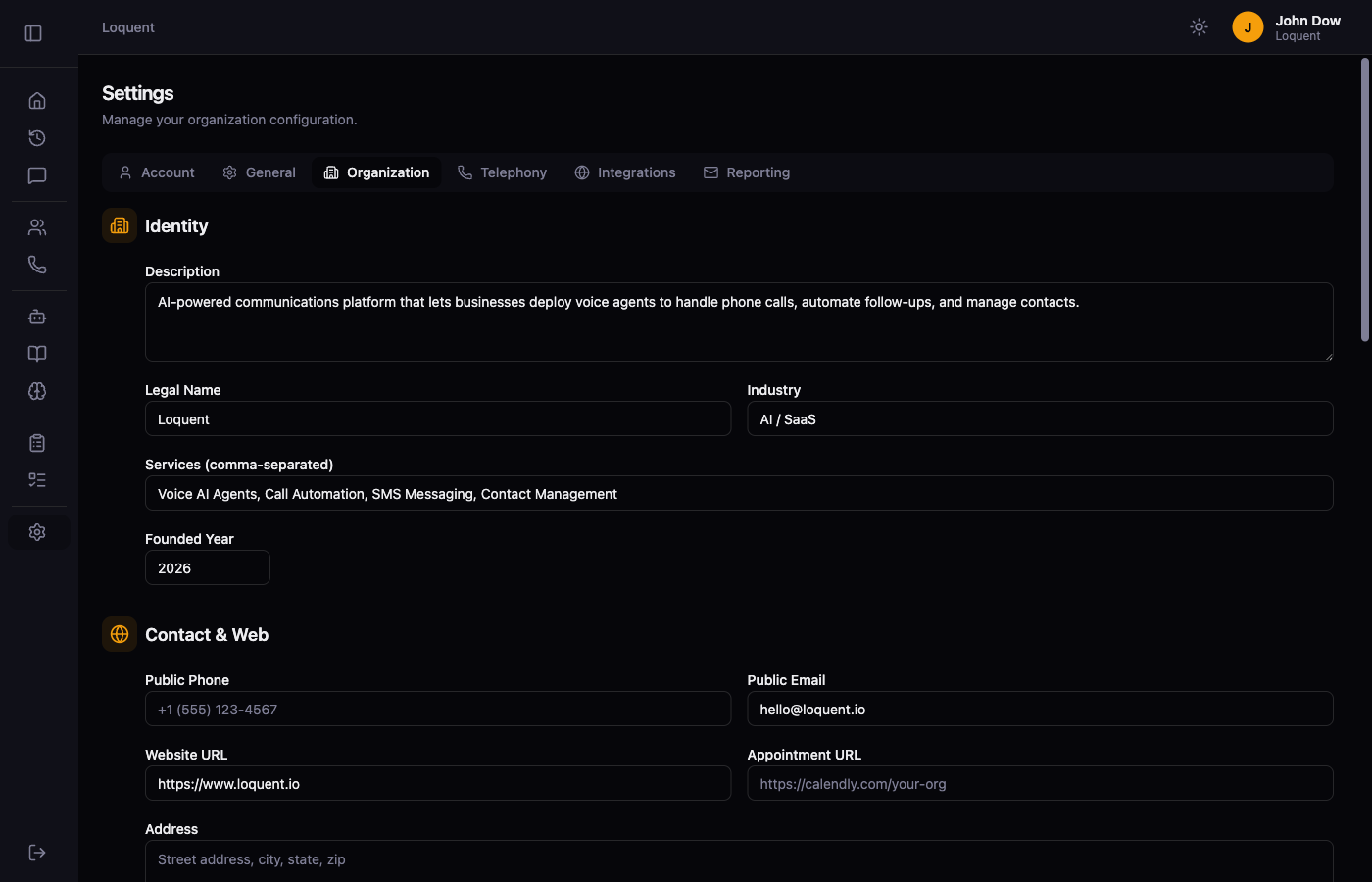 Organization profile settings page with fields for business name, industry, timezone, address, description, website, phone, email, and business hours