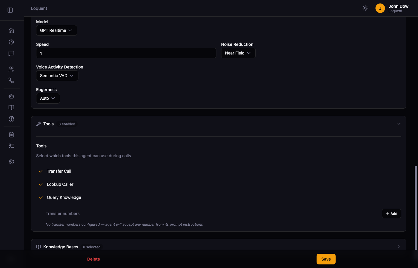 Tools section on the Agent Details page showing Transfer Call, Lookup Caller, and Query Knowledge each with a checkmark indicating they are enabled, and a Transfer numbers subsection with an Add button