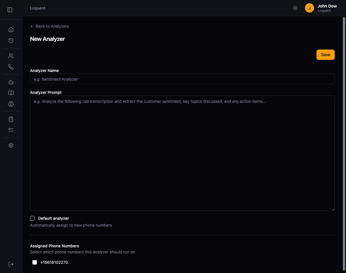 New Analyzer form with Analyzer Name, Analyzer Prompt textarea, Default analyzer checkbox, and Assigned Phone Numbers section showing one available number