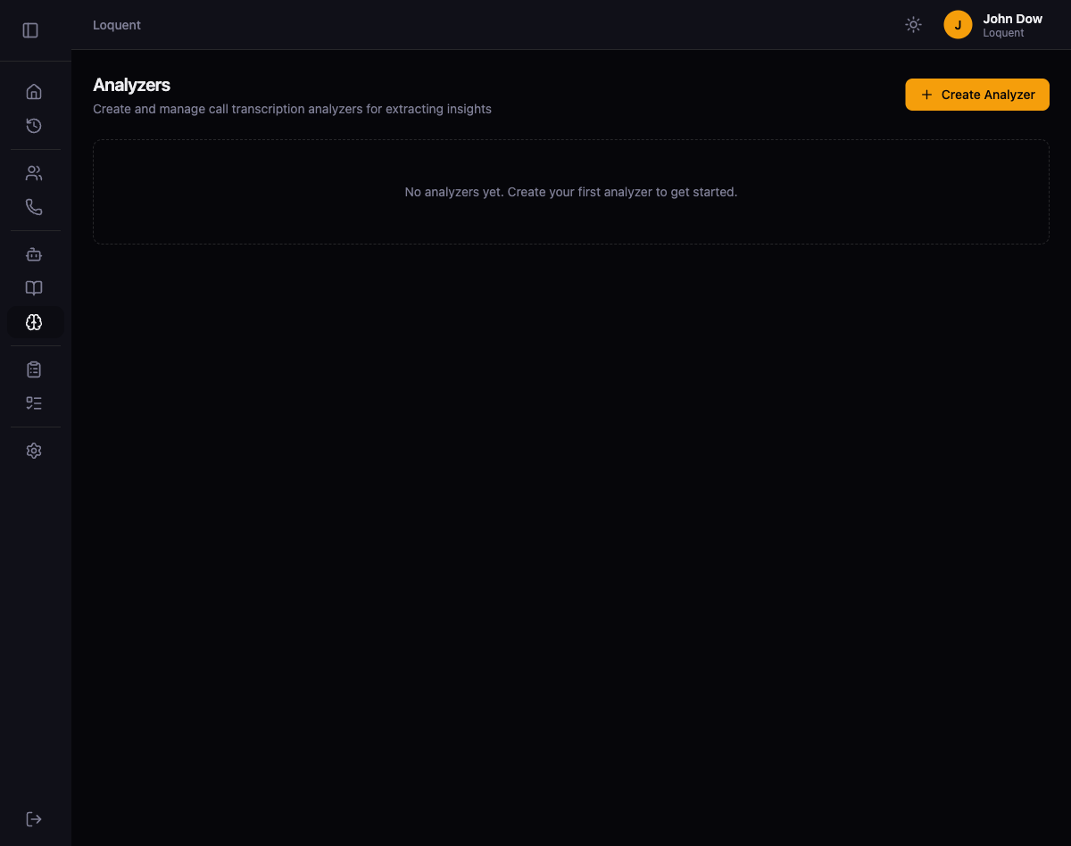 Analyzers list page showing platform-level analyzers with their assigned phone numbers