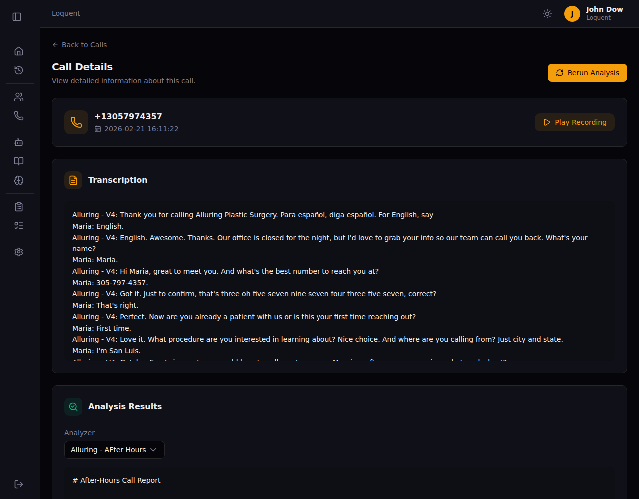 Call Details page showing a diarized transcription with speakers labeled by name and analysis results below