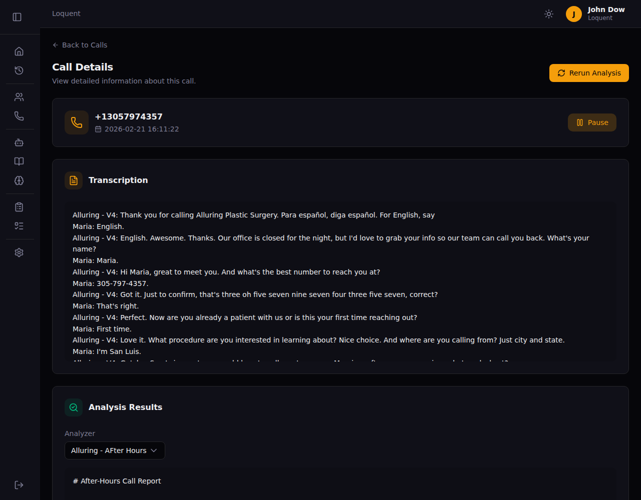 Call Details page with the recording playing, showing a Pause button replacing the Play Recording button