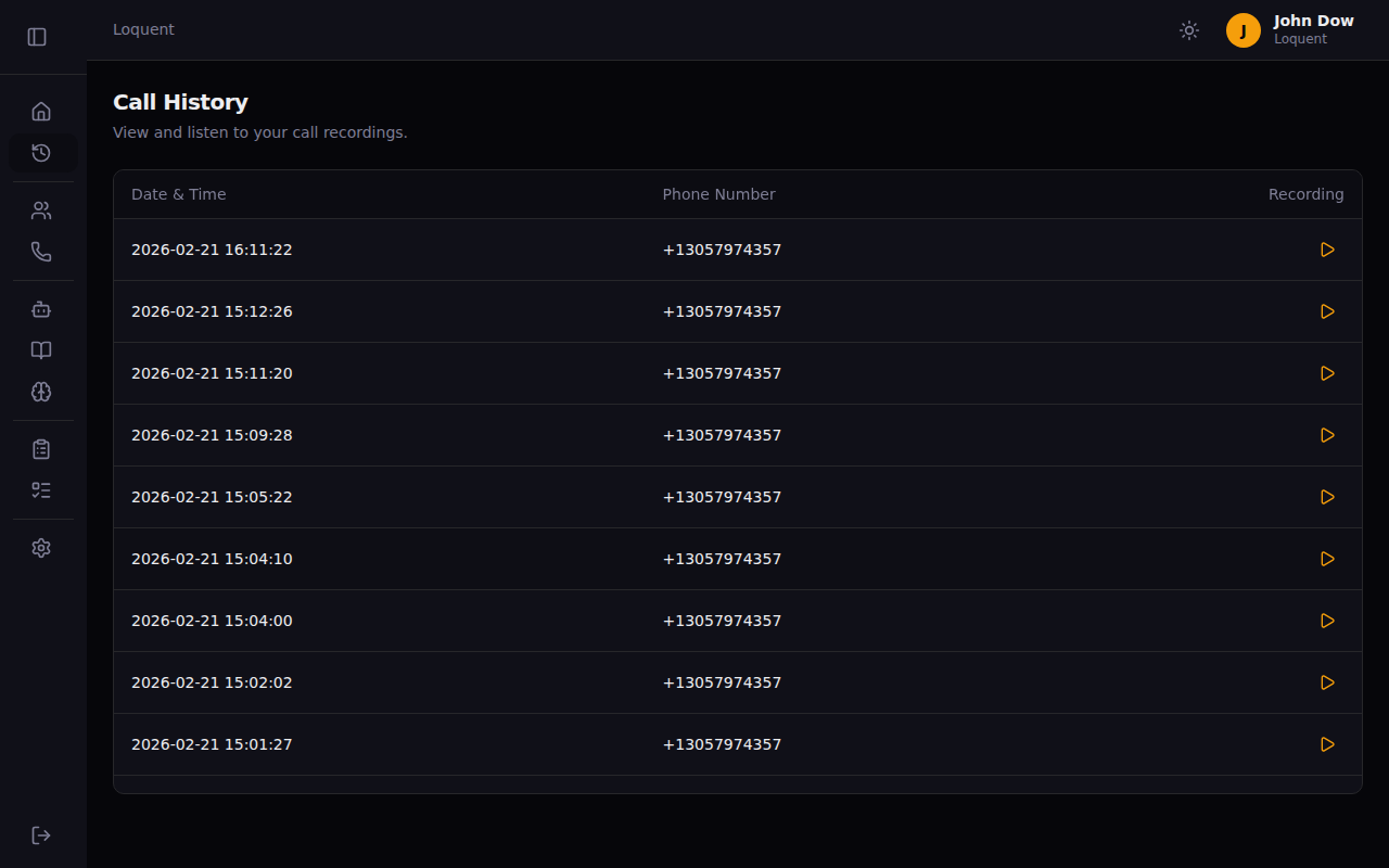 Call history list showing recent calls with caller name, duration, and status badges