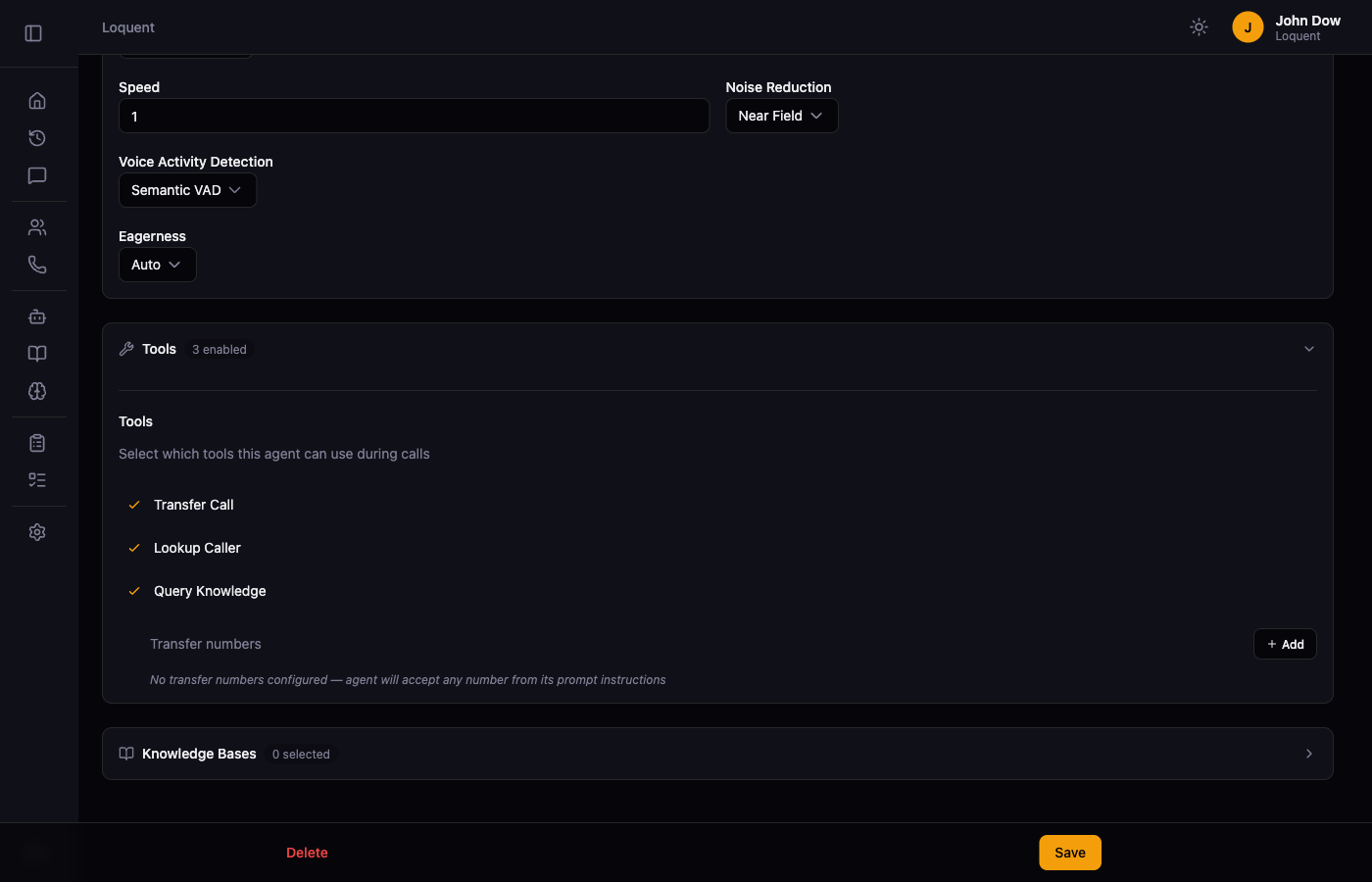 Agent Details page showing the Tools section with Transfer Call enabled and a Transfer numbers sub-section with a configured number