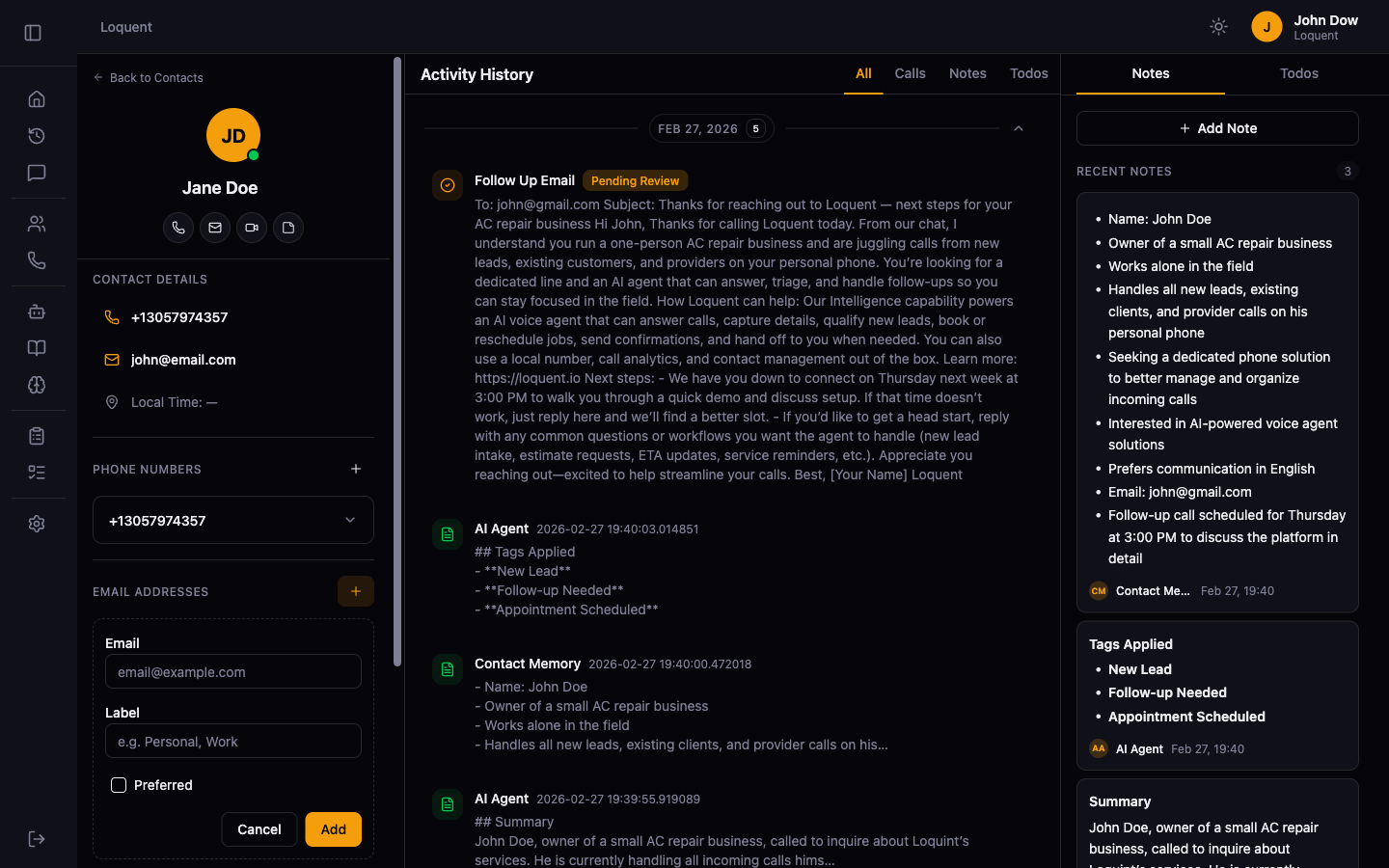 Add email form inline in the Email Addresses section with Email field, Label field, Preferred checkbox, and Cancel and Add buttons