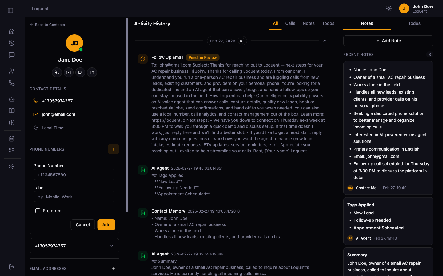 Add phone form inline in the Phone Numbers section with Phone Number field, Label field, Preferred checkbox, and Cancel and Add buttons