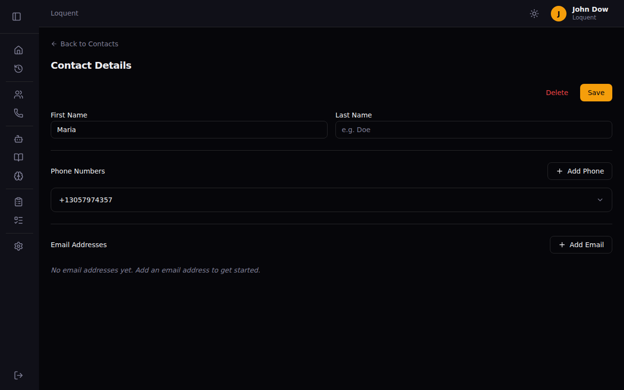 Contact detail page showing linked phone numbers, email addresses, and call history