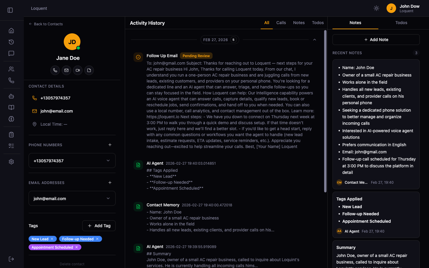 Contact Details page with three columns: left sidebar showing avatar, tags, and phone numbers; center timeline showing calls and notes; right panel showing notes