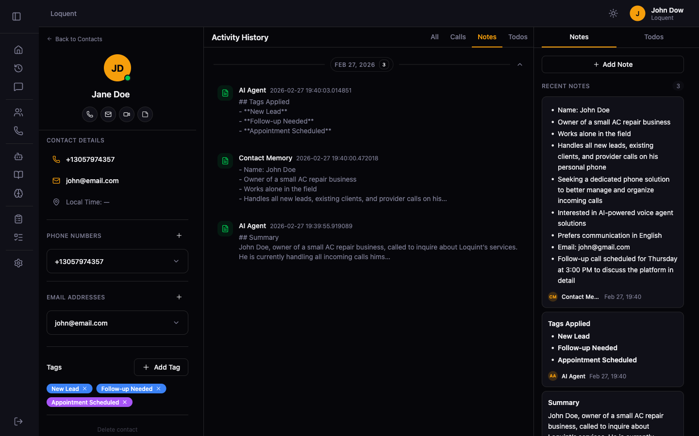 Contact Details page showing a Contact Memory note in the activity timeline and the right panel listing the contact's name, business, and preferences