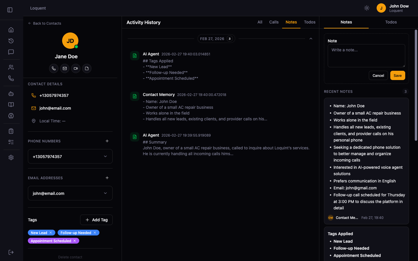 Note compose area in the right panel with a text input field and Save and Cancel buttons