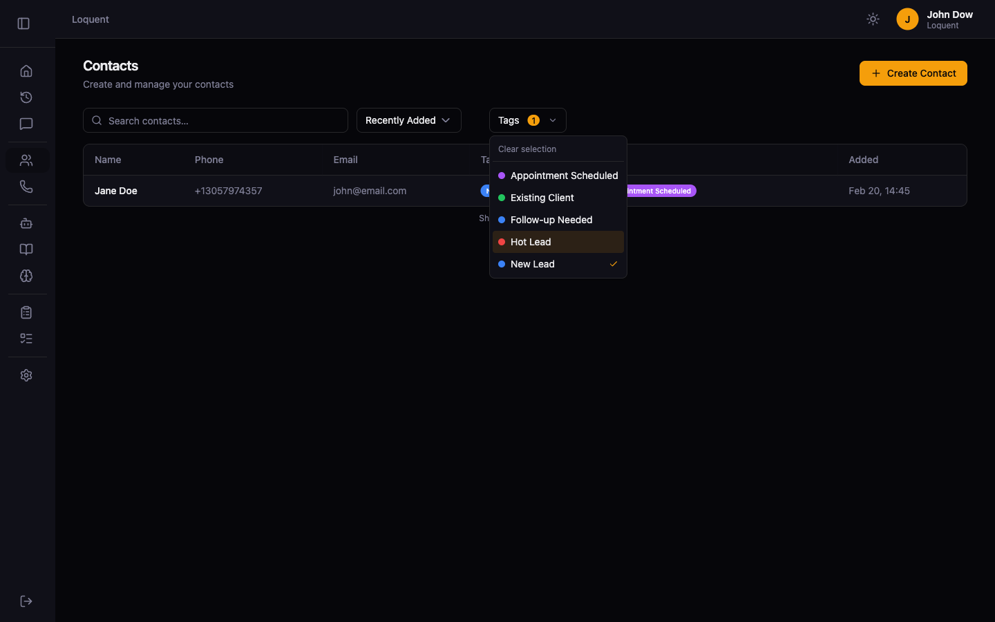 Contacts list with the Tags dropdown open showing color-coded tags — New Lead is checked and the list shows one matching contact