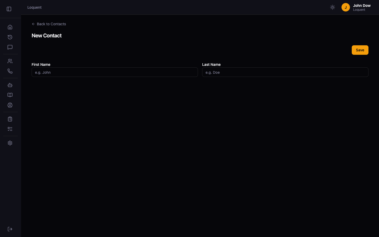 New Contact page with First Name and Last Name fields side by side and a Save button in the top right
