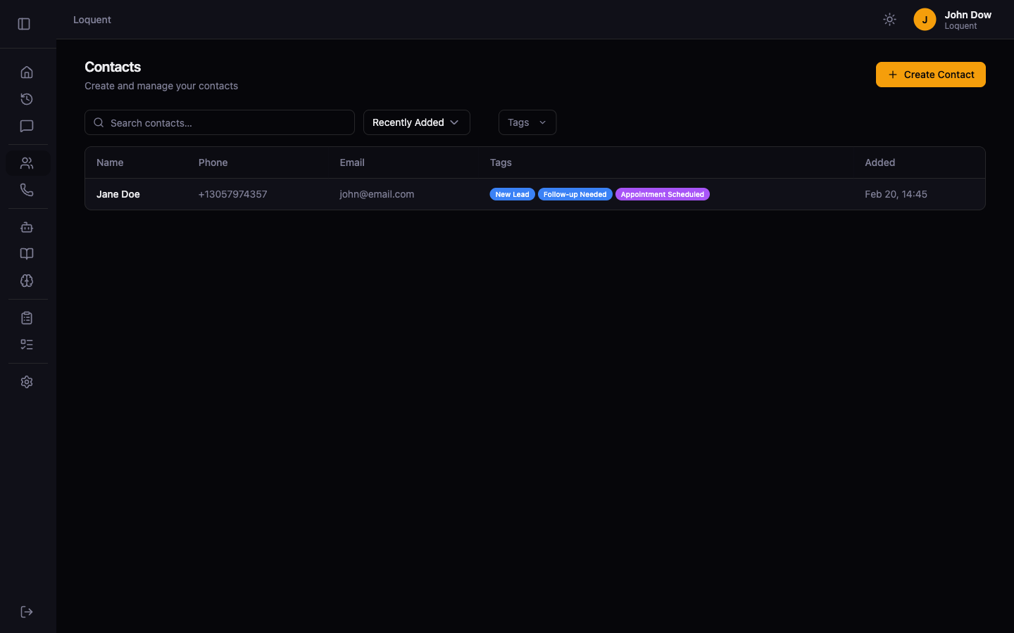 Contacts page showing a grid of contact cards with names and phone and email badges