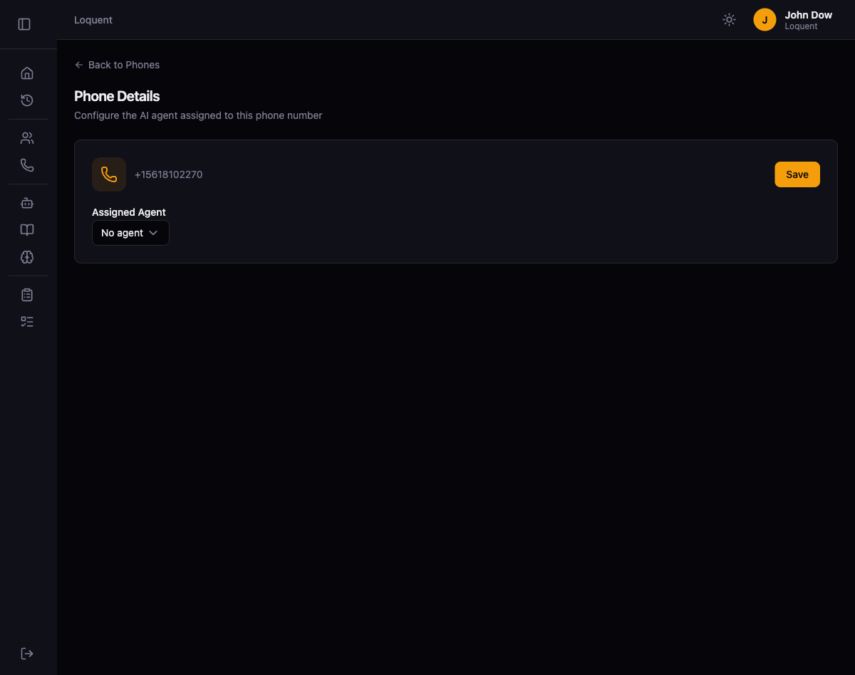 Phone Details page showing the purchased number, an Assigned Agent dropdown set to No agent, and a Save button