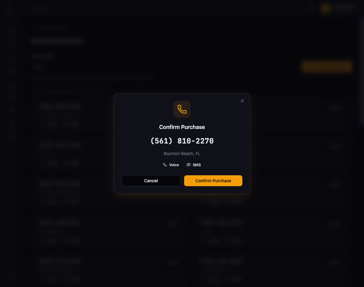 Confirm Purchase dialog showing phone number (561) 810-2270, location Boynton Beach FL, Voice and SMS badges, with Cancel and Confirm Purchase buttons