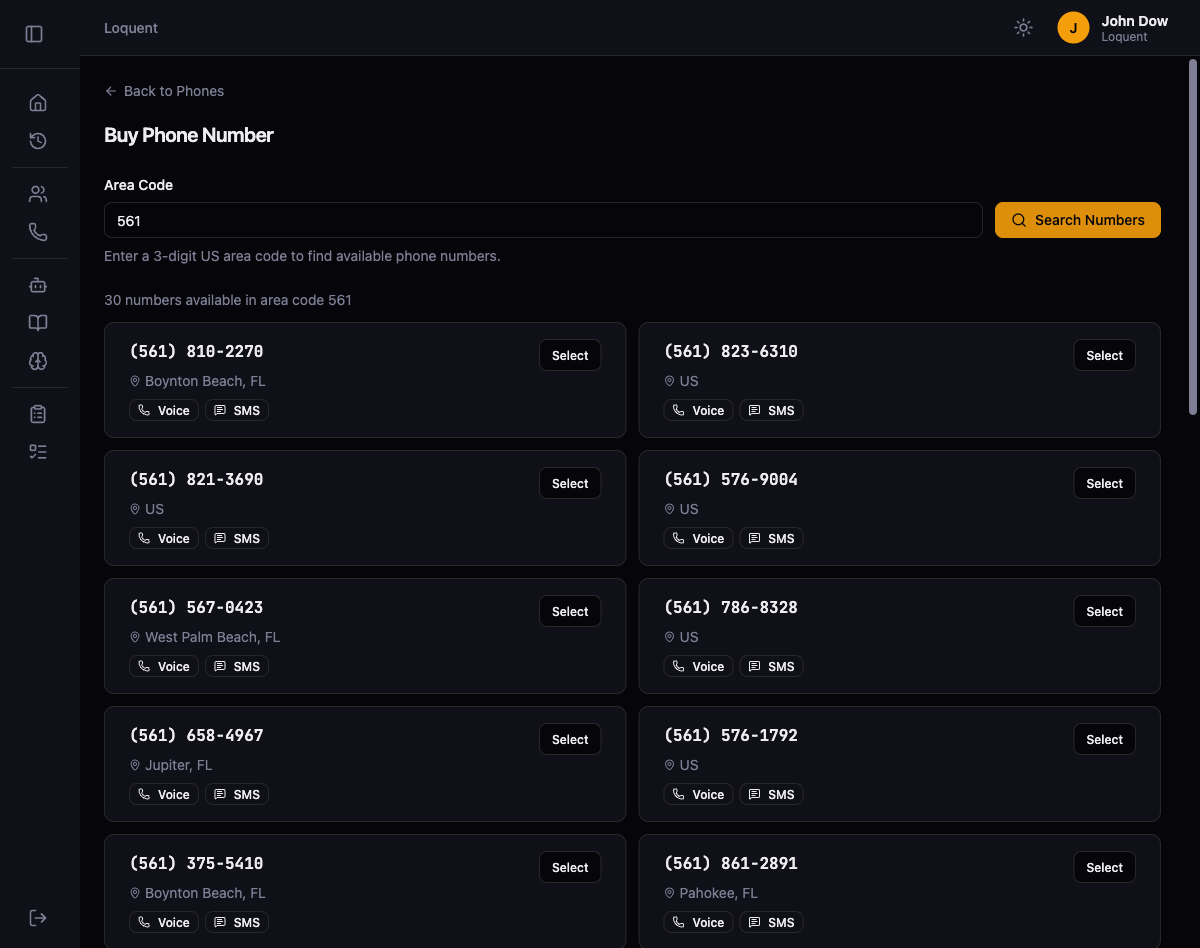 Search results showing a grid of available phone numbers in area code 561 with location, Voice and SMS badges, and a Select button on each card