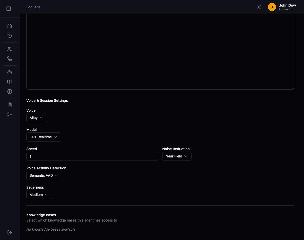 Voice and Session Settings section showing dropdowns for Voice, Model, Noise Reduction, Voice Activity Detection, Eagerness, a numeric input for Speed, and an empty Knowledge Bases section