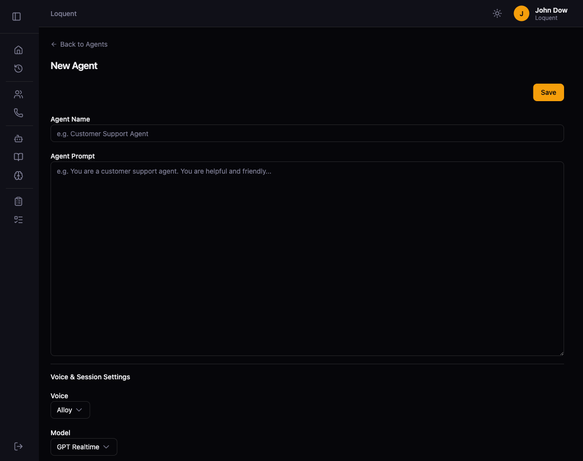 New Agent form with Agent Name text field, Agent Prompt textarea, and the beginning of Voice and Session Settings below
