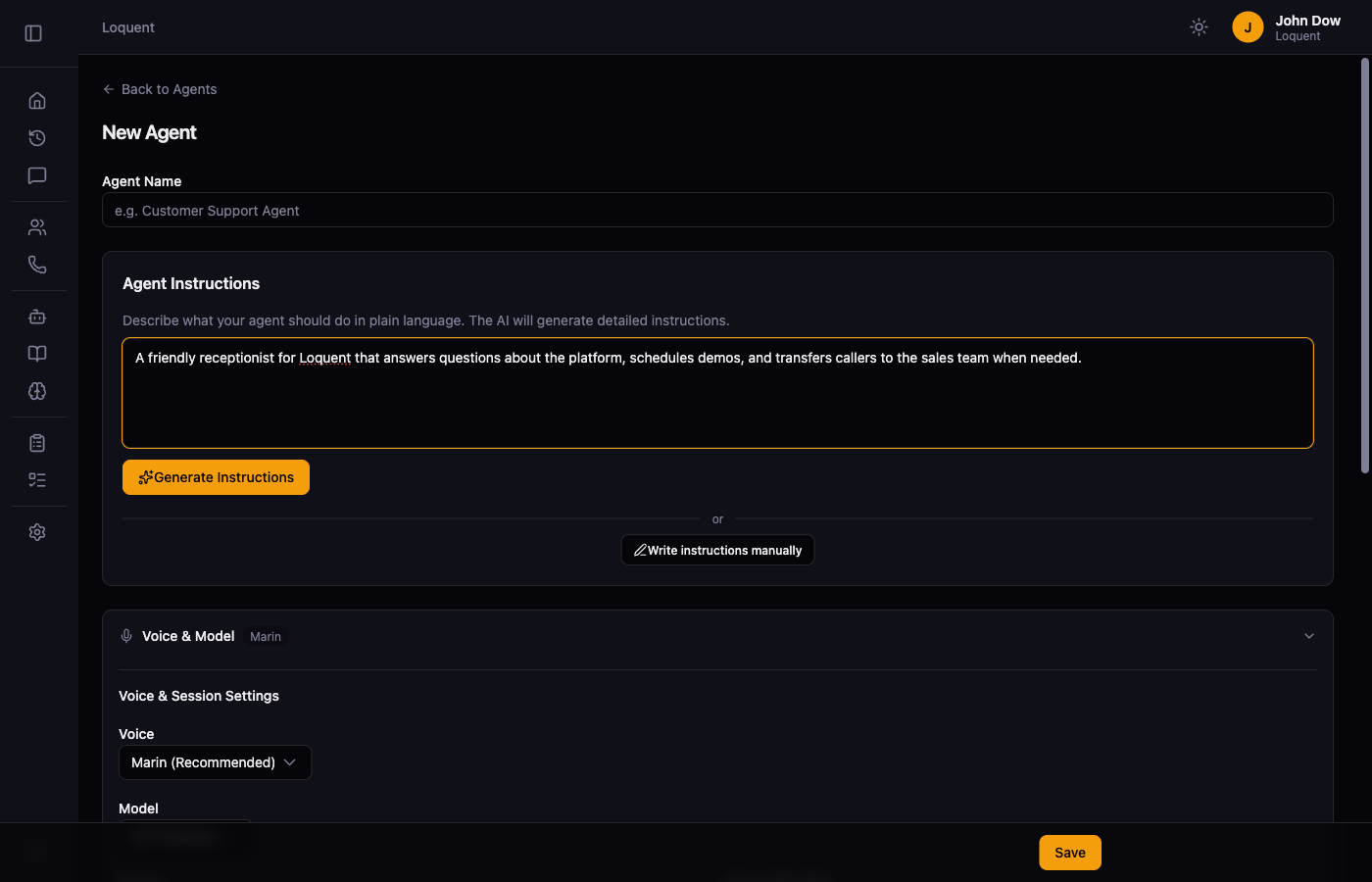 Agent Instructions section with a description filled in reading a friendly receptionist for Loquent that answers questions, schedules demos, and transfers callers to sales, and the Generate Instructions button ready to click