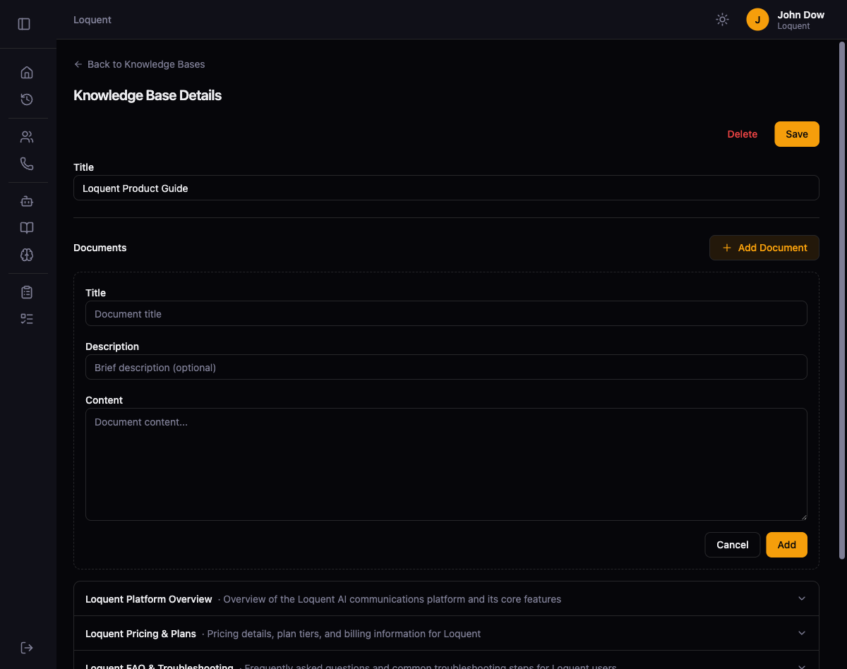 Knowledge Base Details page with the Add Document form expanded showing Title, Description, and Content fields, with existing documents listed below