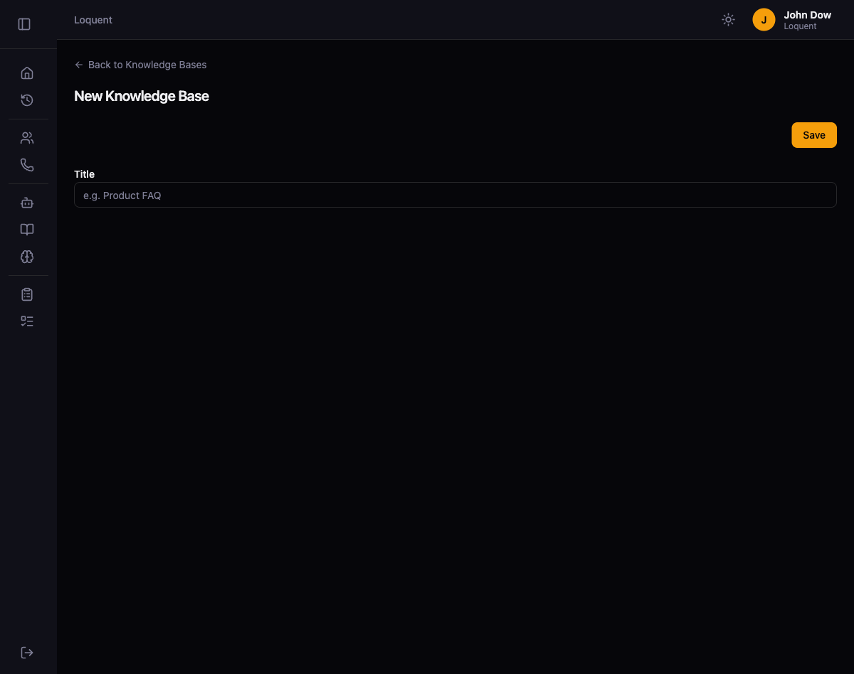 New Knowledge Base form with a Title text field showing placeholder text and a Save button
