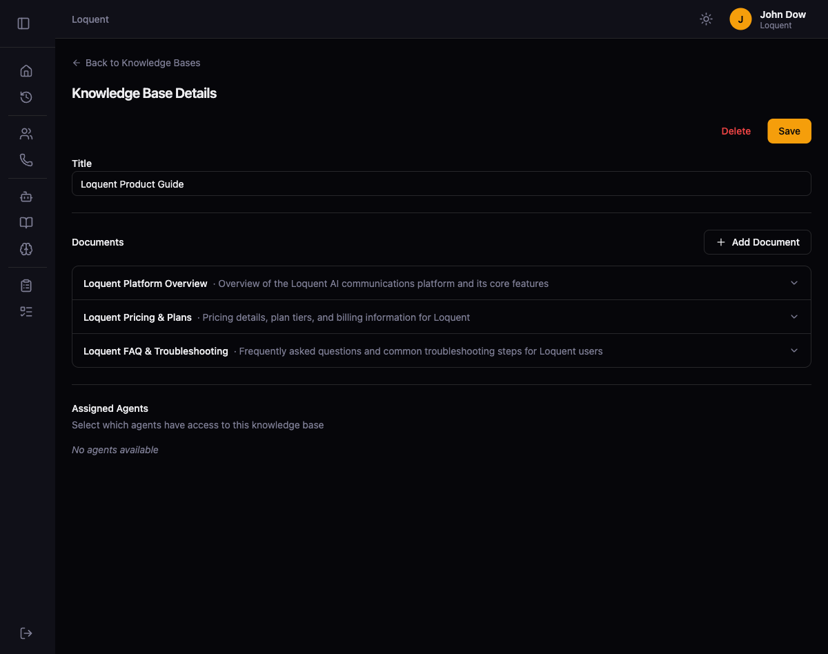 Knowledge Base Details page for Loquent Product Guide showing three documents: Loquent Platform Overview, Loquent Pricing and Plans, and Loquent FAQ and Troubleshooting