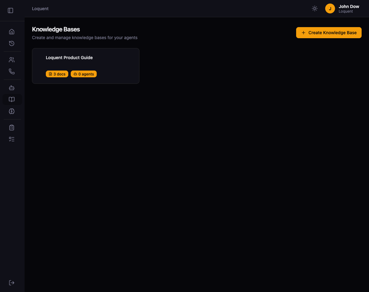 Knowledge Bases page showing the Loquent Product Guide card with 3 docs and 0 agents badges, and an amber Create Knowledge Base button
