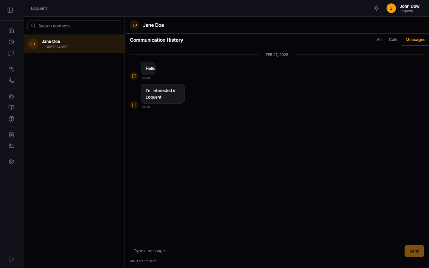 Filter bar showing All, Calls, and Messages tabs with Messages selected, displaying SMS bubbles grouped by date