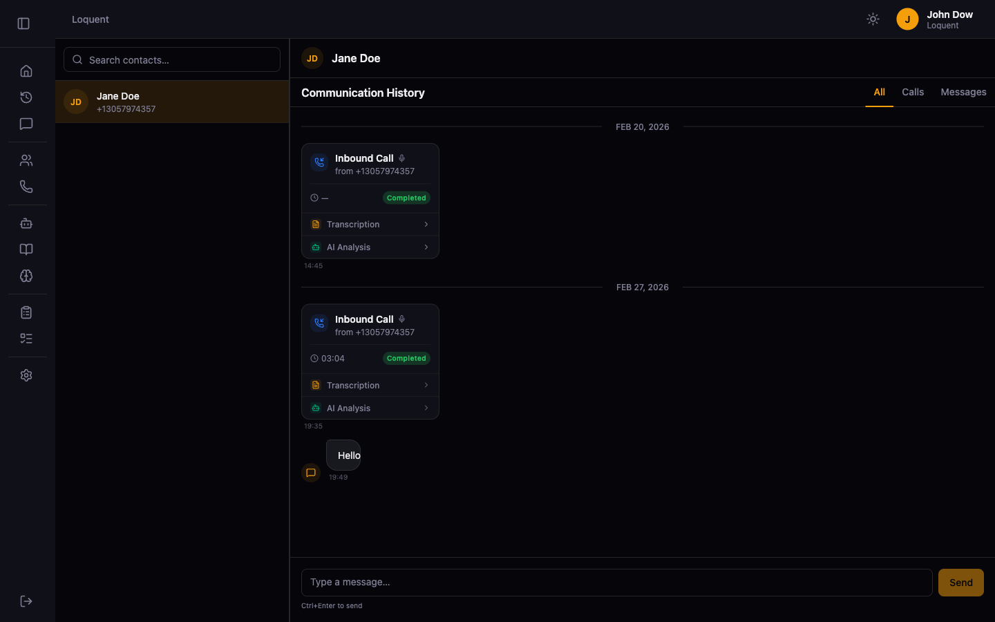 Messaging page with contact list on the left and a feed on the right showing call cards and SMS bubbles grouped by date