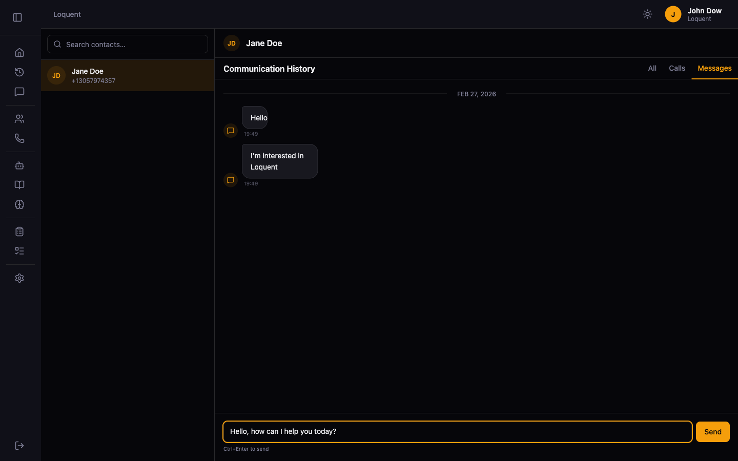 Compose bar at the bottom of the messaging feed with a text input containing a message and an active Send button