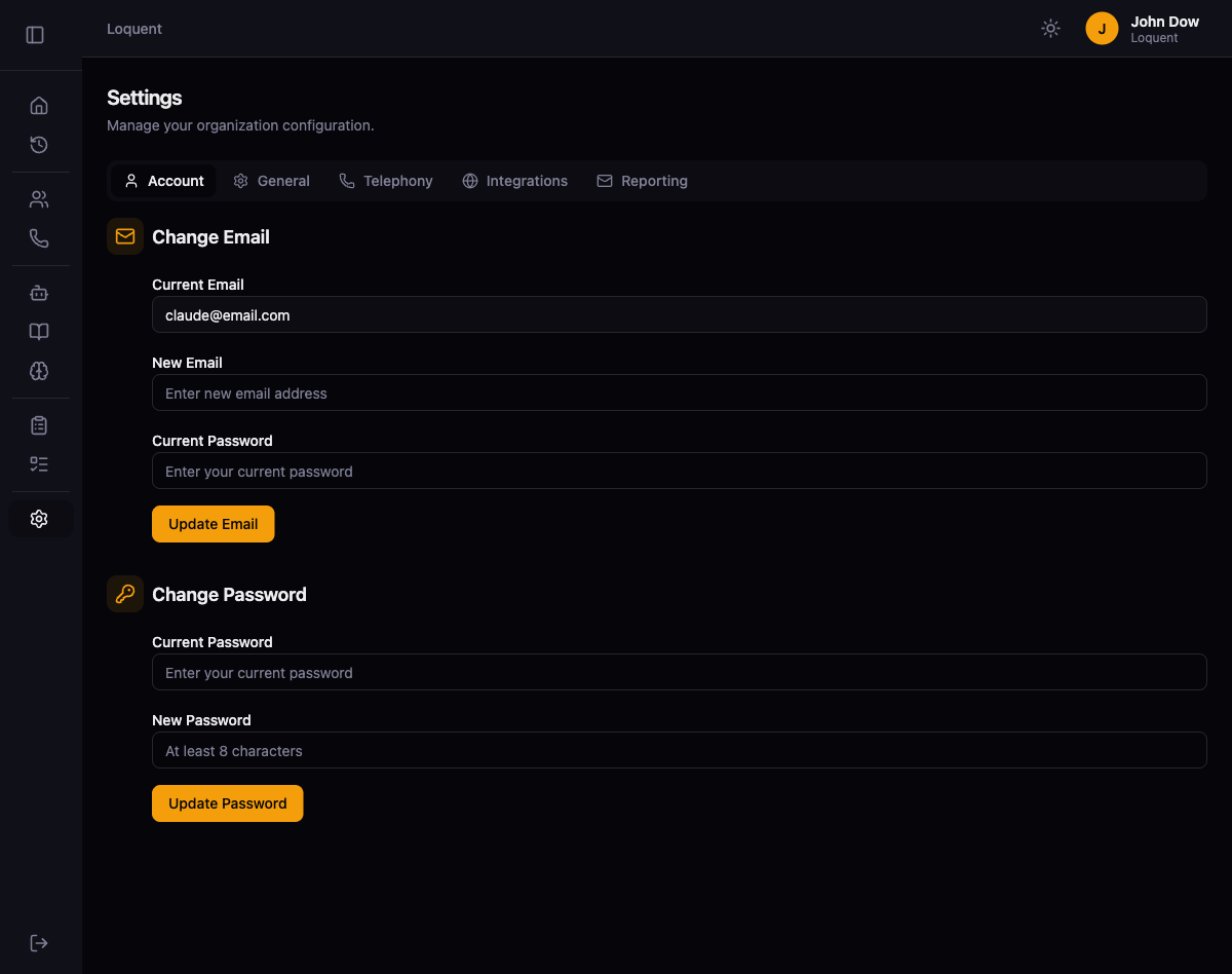Account settings page with fields for updating email and password
