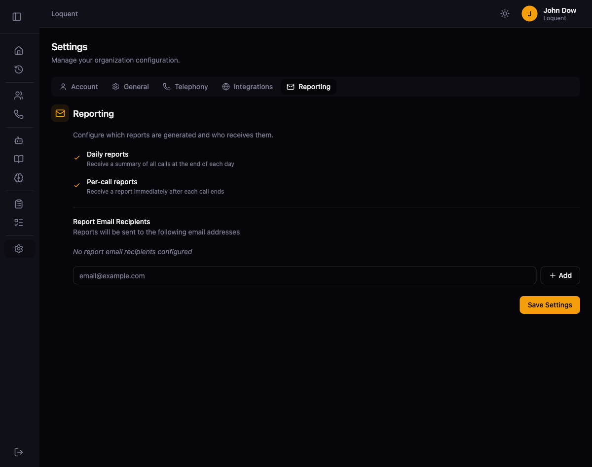 Reporting settings page with toggles for daily summary and per-call email reports
