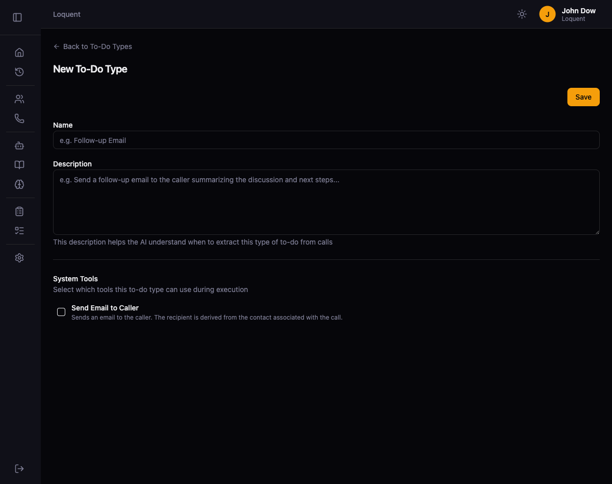 New To-Do Type form with Name, Description textarea, and System Tools section showing a Send Email to Caller checkbox