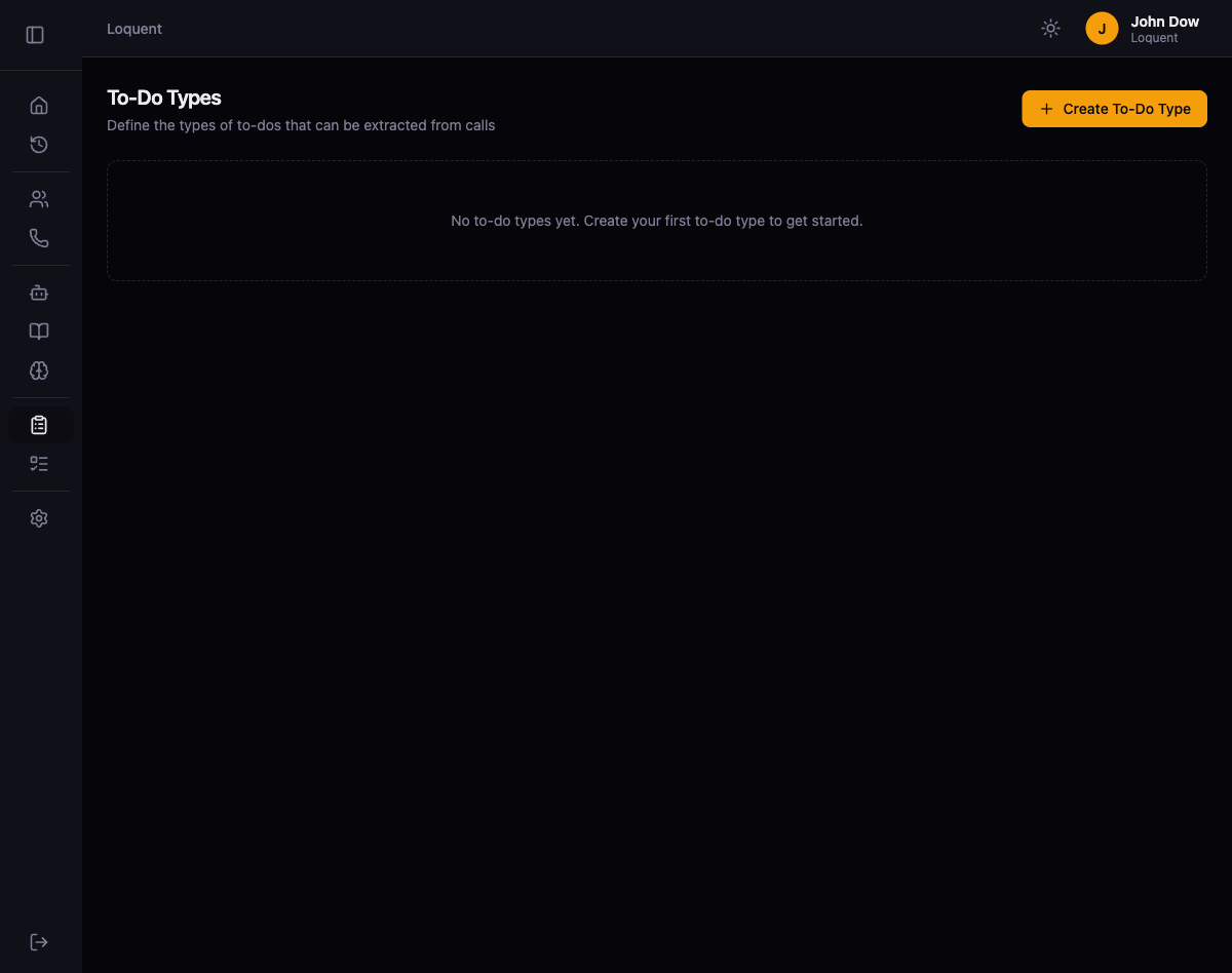 Todo Types list showing configured types with execution and auto-approve settings