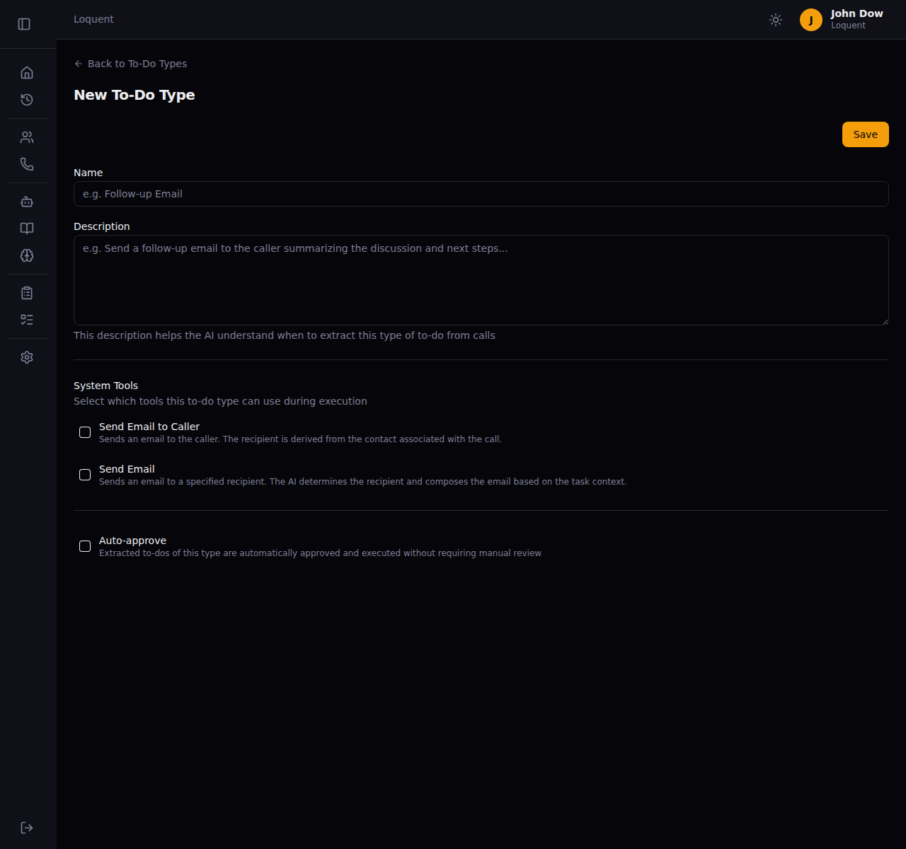 The New To-Do Type form showing Name, Description, System Tools checkboxes, and Auto-approve checkbox