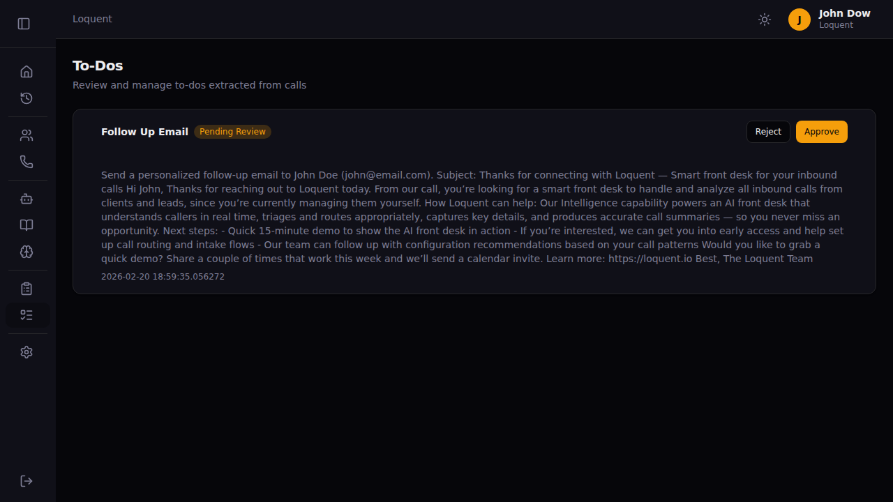 To-Dos page showing pending review cards with Approve and Reject buttons
