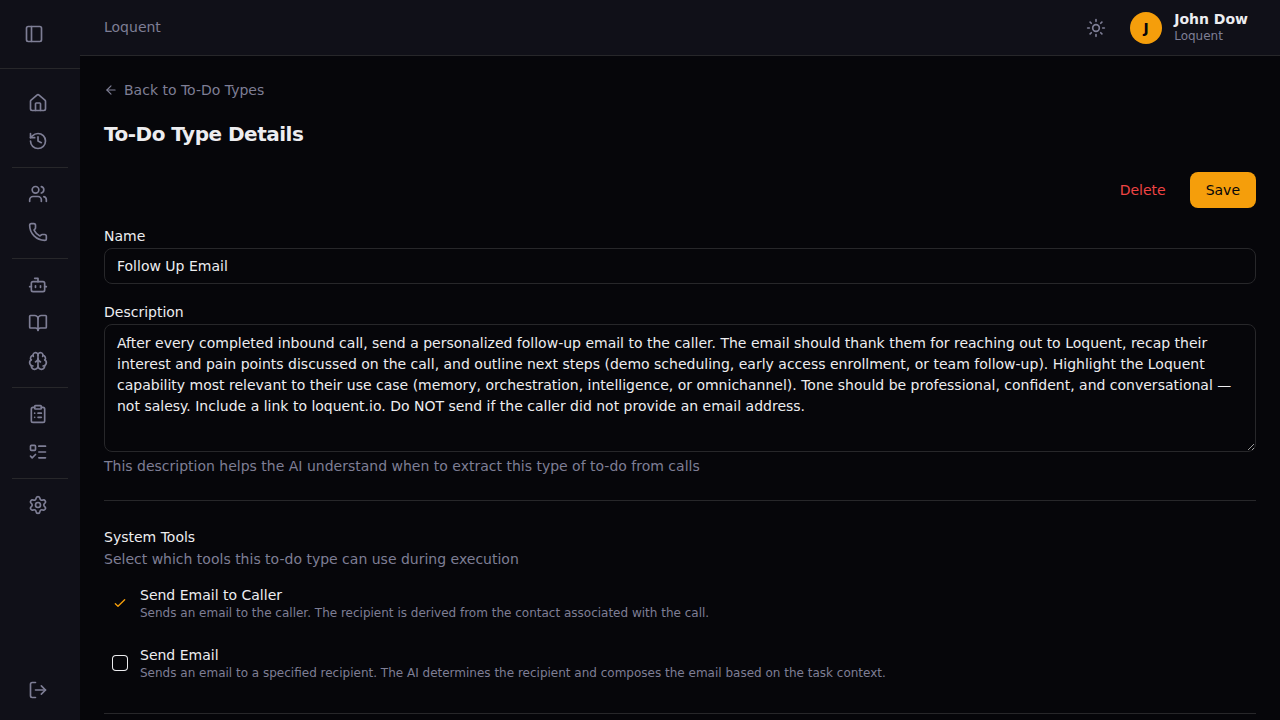 The To-Do Type Details page for Follow Up Email showing the name, description, and Send Email to Caller tool selected